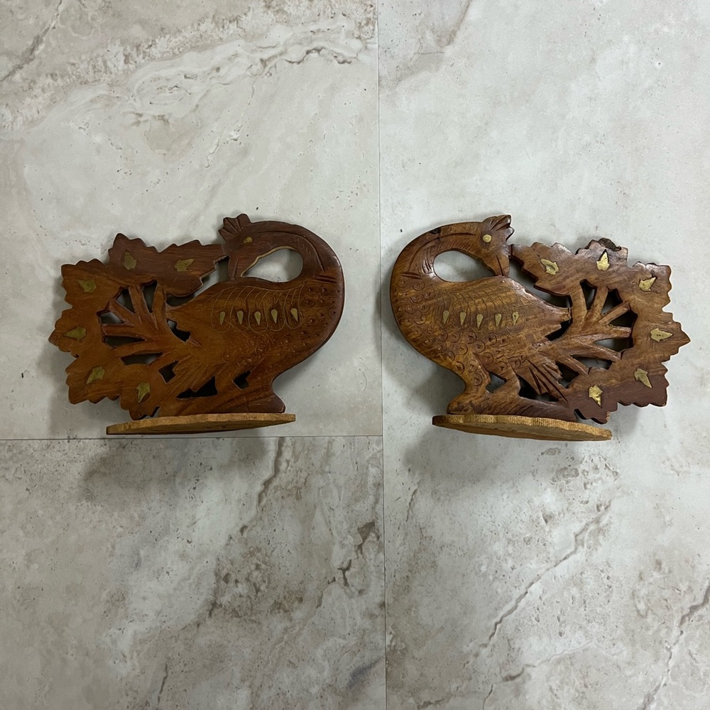 Wooden Peacock Sculptures Set